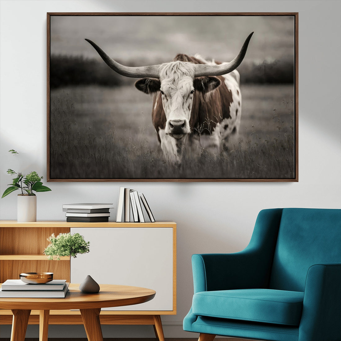 Texas Longhorn Cow Canvas Wall Art Print, Large Rustic Decor