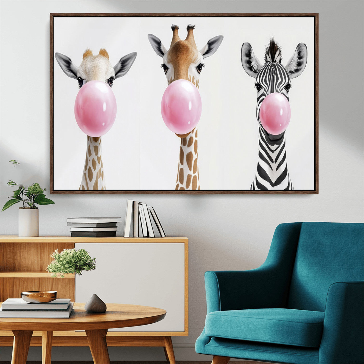 MGV-FC-36X24 - Bubblegum Animals Canvas Wall Art - Playful Giraffe and Zebra Trio, Fun Nursery Decor for Kids'