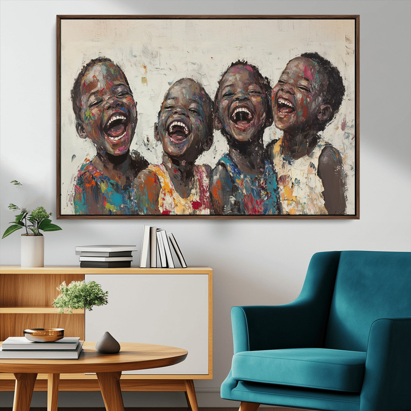 85256-MGV-CV-36X24-Shai Yossef Print - Joyful Childhood Canvas Wall Art - Expressive Impasto Painting of Laughing