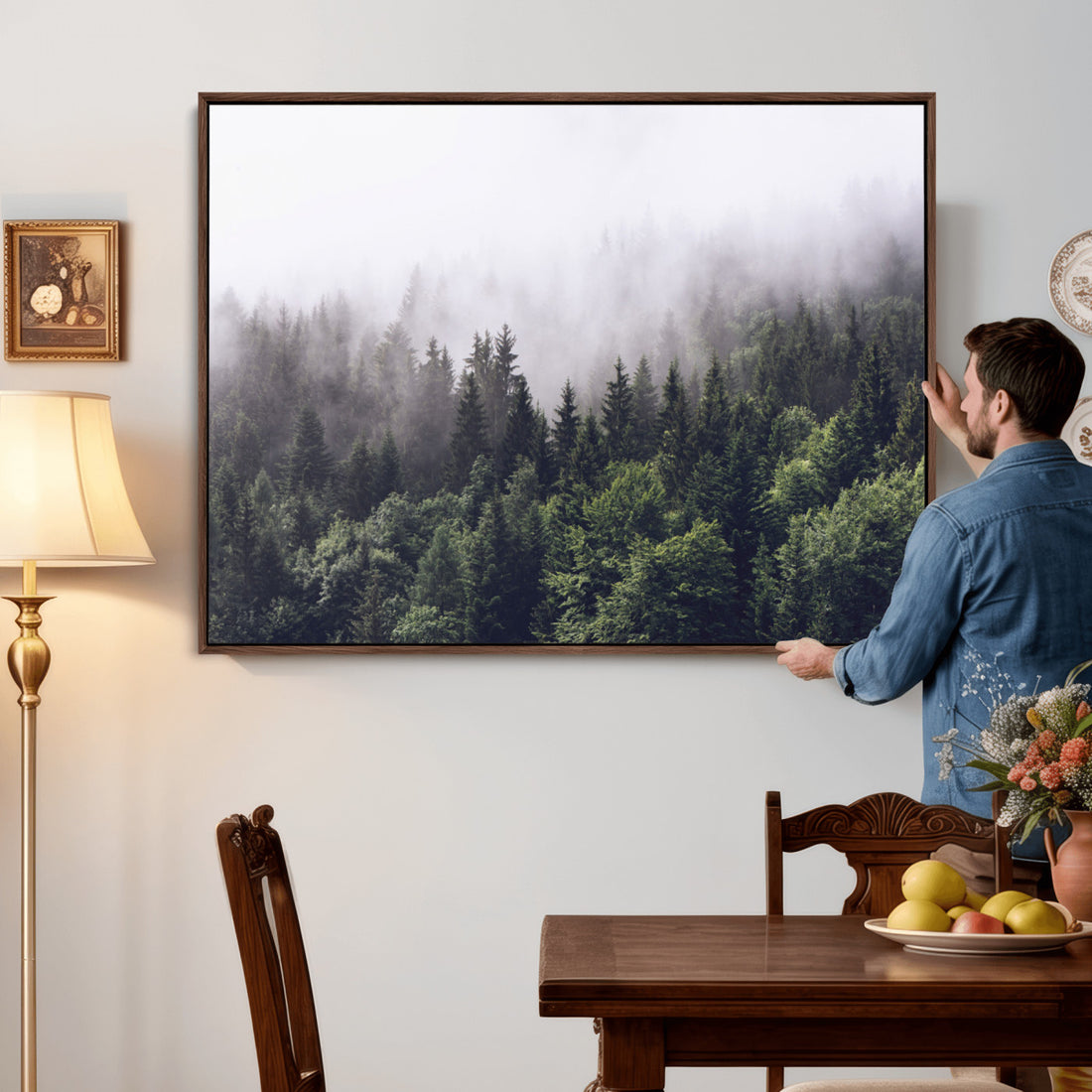Misty Forest Wall Art | Foggy Forest Canvas Print | Large Misty Tree Landscape