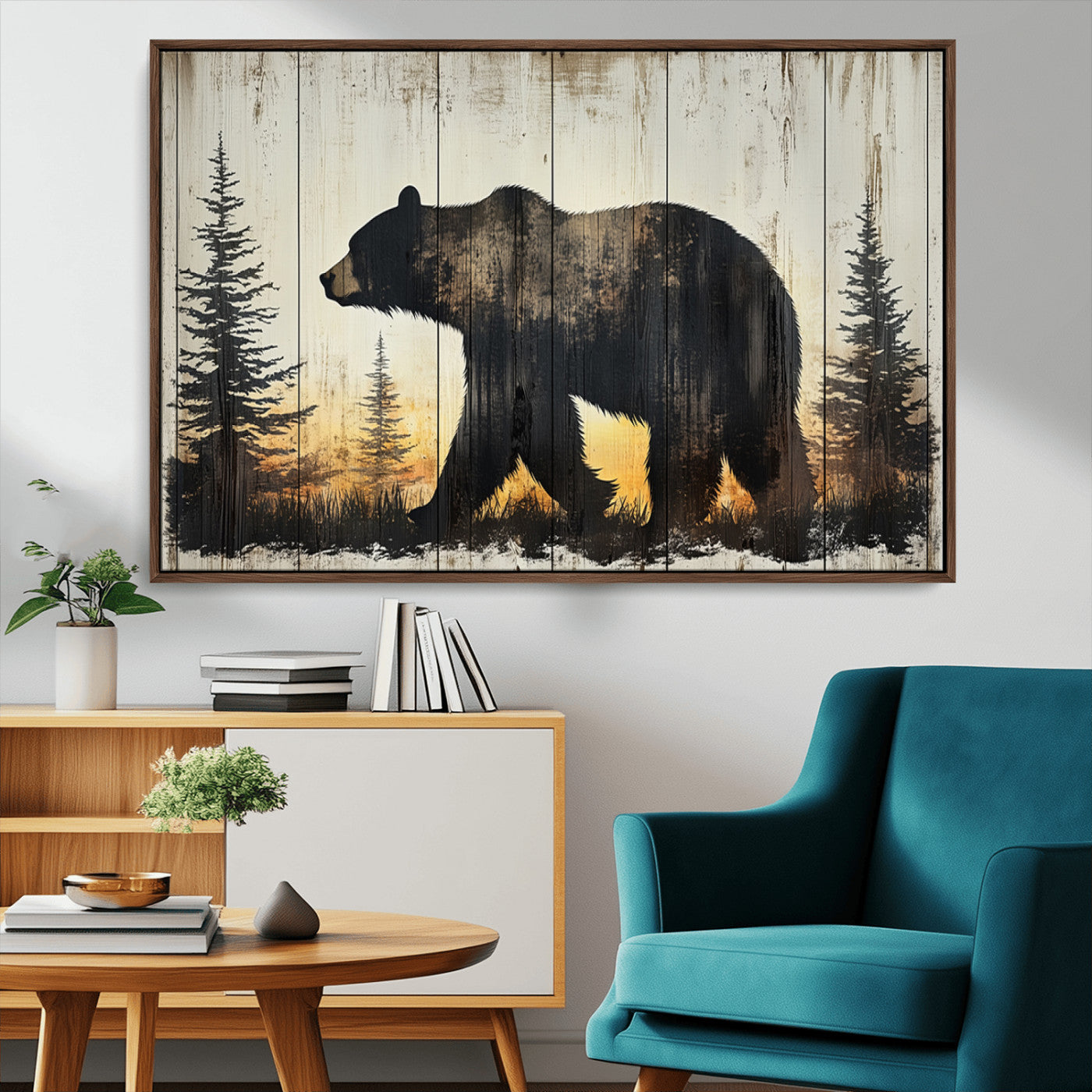 83875-MGV-CV-36X24-Vintage Bear Wall Art Canvas Print for Farmhouse - Mountain Wood Canvas Wall Art - Forest Silhouette