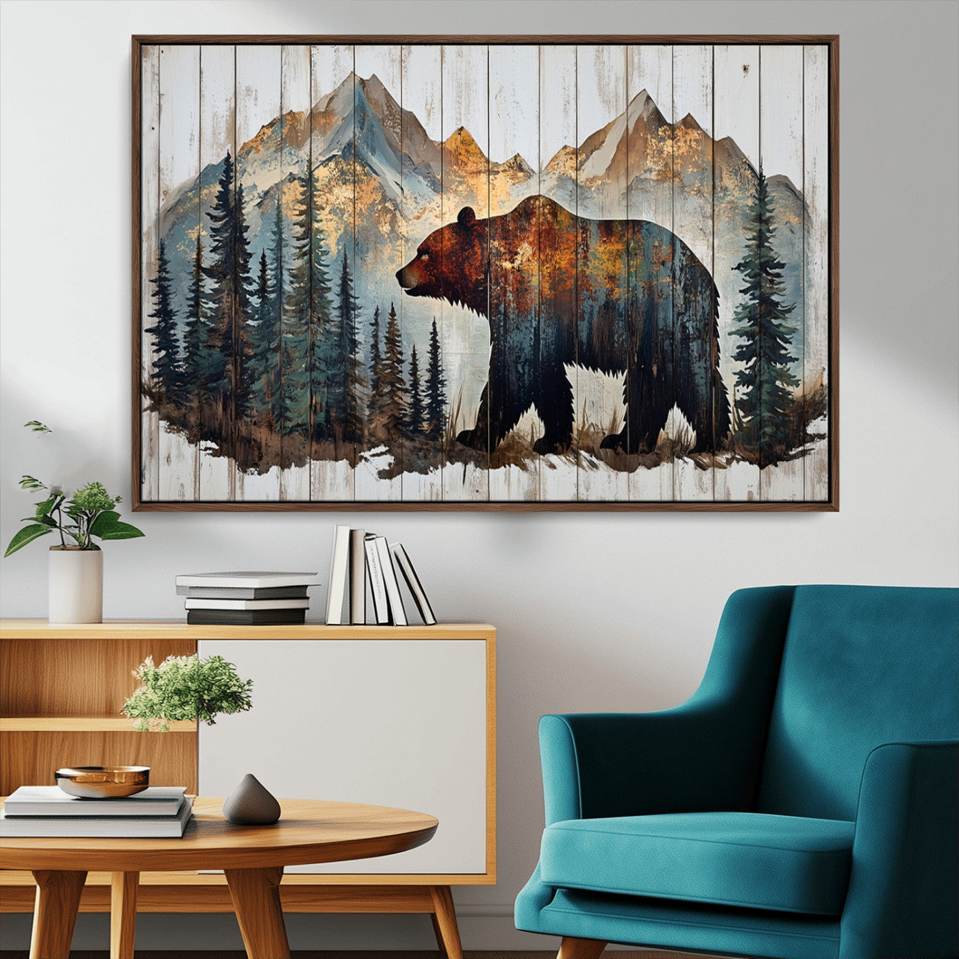 55777-MGV-CV-36X24-Rustic Grizzly 399 Bear and Mountain Wood Canvas Wall Art - Framed Nature Artwork with Forest