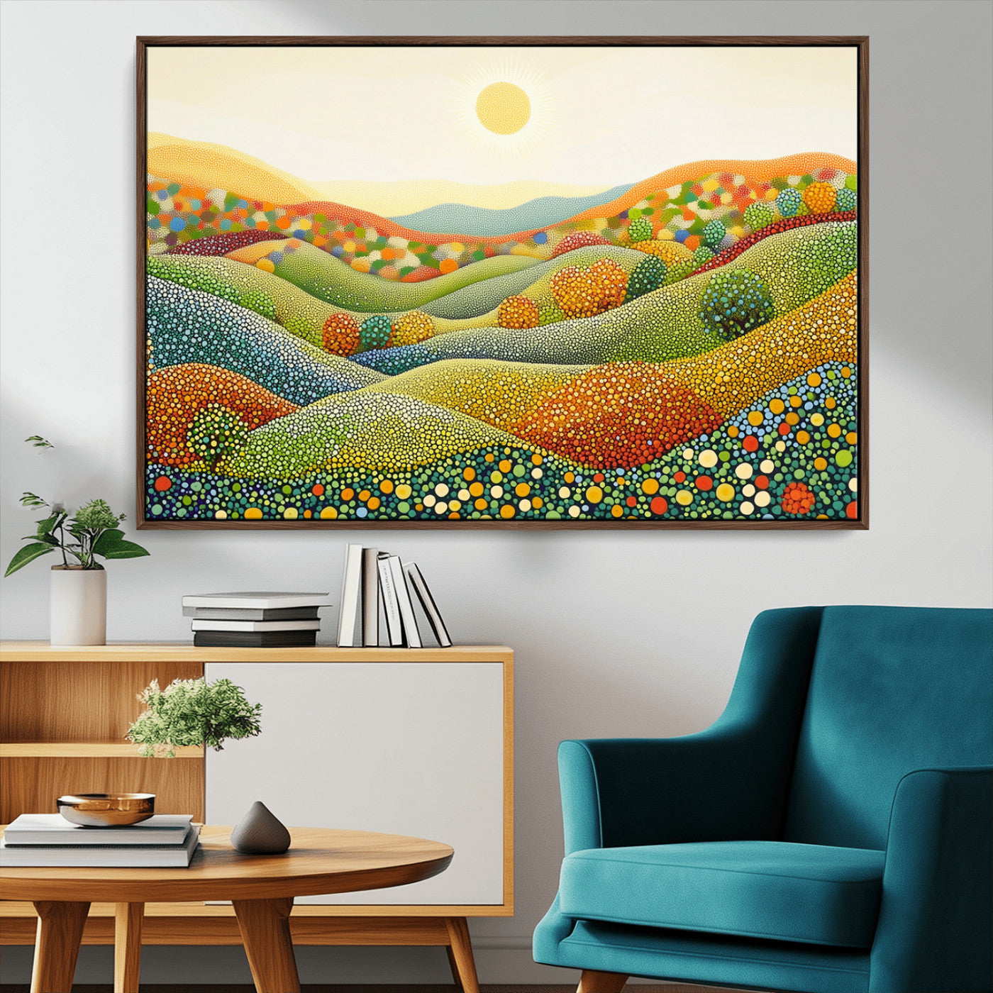 MGV-FC-36X24 - YAYOI KUSAMA Colorful Dot Art Landscape Canvas - Framed Abstract Pointillism Inspired by Nature with