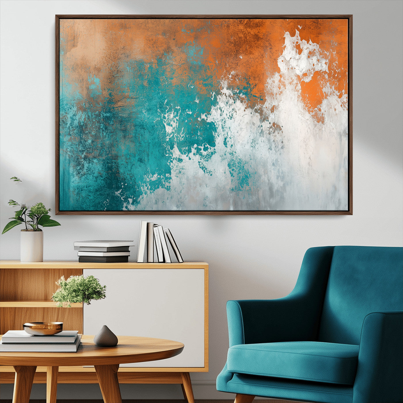 MGV-FC-36X24 - Vintage Abstract Print - Bold Teal and Orange Canvas Wall Art - Retro-Vintage Abstract Orange Canvas
