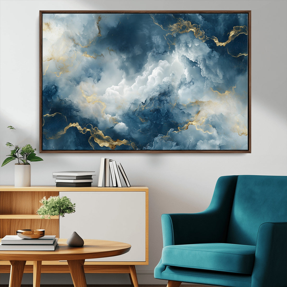 Large Abstract Print - Luxe Blue and Gold Abstract Canvas Wall Art - Bold Cloudscape
