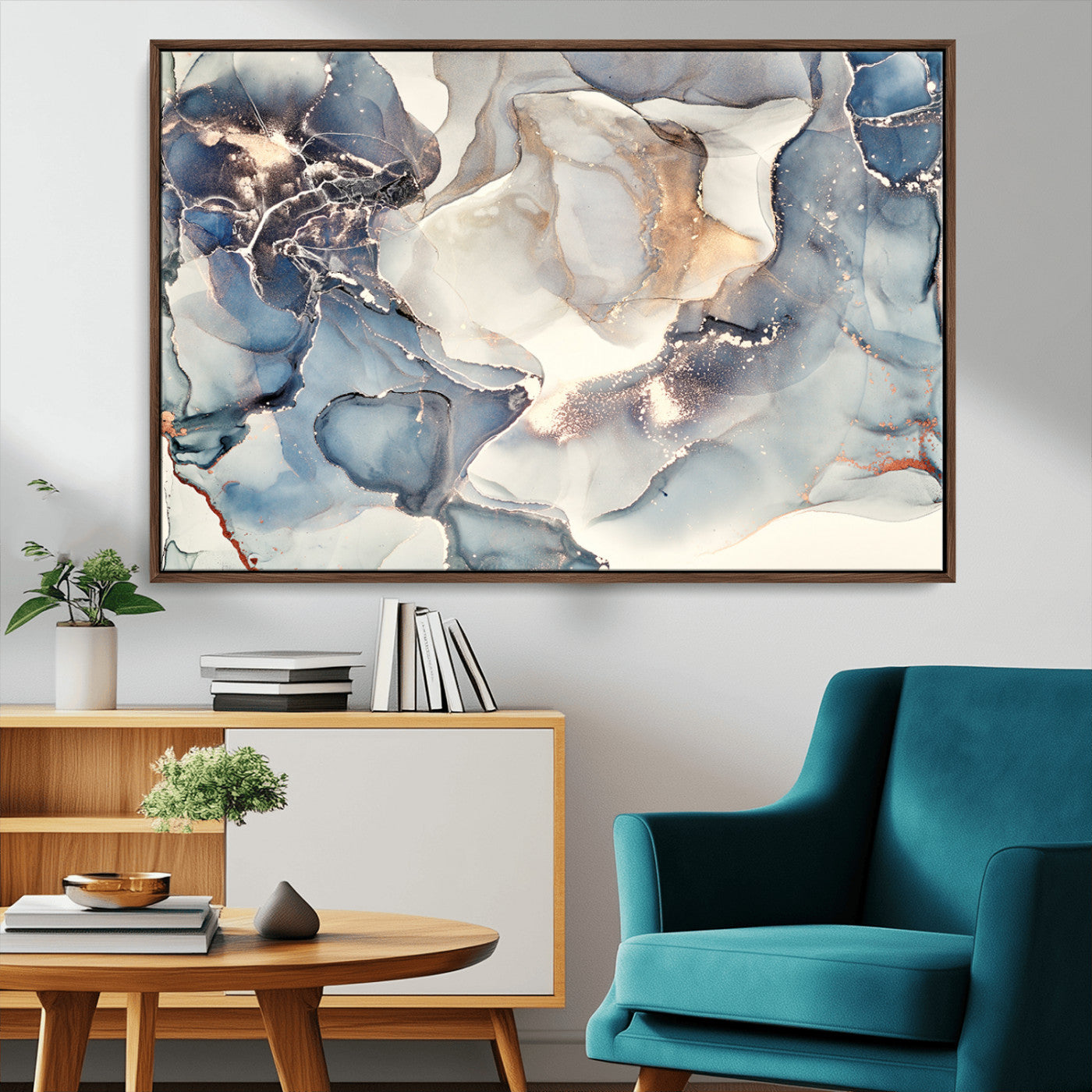 MGV-FC-36X24 - Abstract Blue and Gold Canvas Wall Art - Fluid Modern Ink Artwork - Modern Luxury Wall Decor for