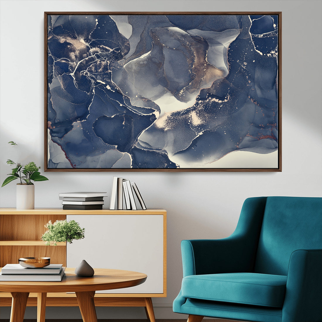 Large Abstract Blue and Gold Canvas Wall Art, Fluid Ink Artwork Print, Luxury Wall Decor