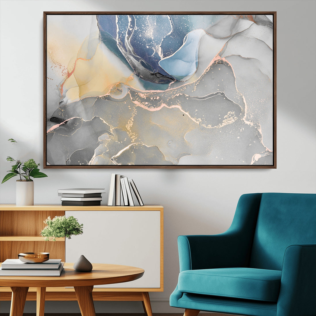 Large Abstract Blue and Gold Canvas Wall Art | Fluid Ink Artwork Print | Luxury Wall Decor