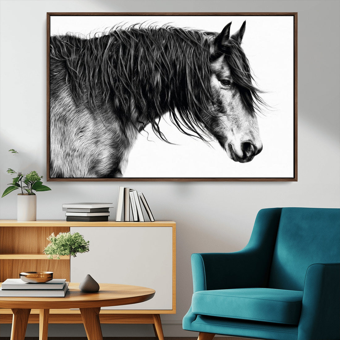 Majestic Horse Wall Art | Framed Black White Portrait Canvas