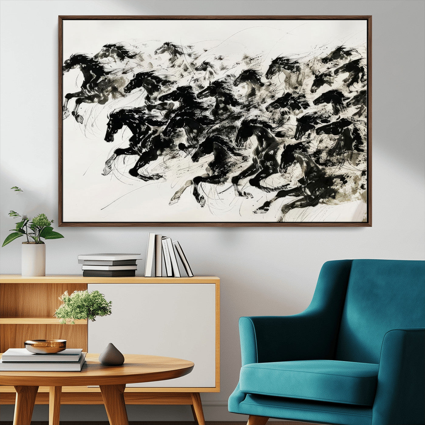 MGV-FC-36X24 - Abstract Horse Wall Art Canvas Print - Dynamic Black Ink Horse Print - Modern Equine Wall Decor for