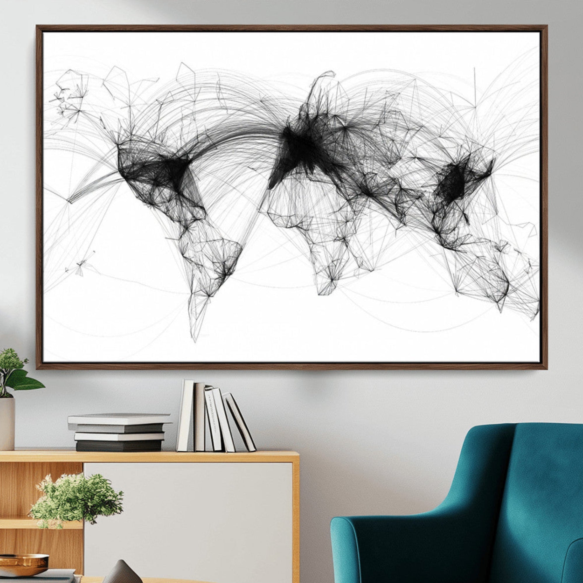 50136-MGV-CV-36X24-Abstract World Map Wall Art – Framed Geometric Line Canvas Artwork, Modern Global Design, Contemporary Decor for Home, Office