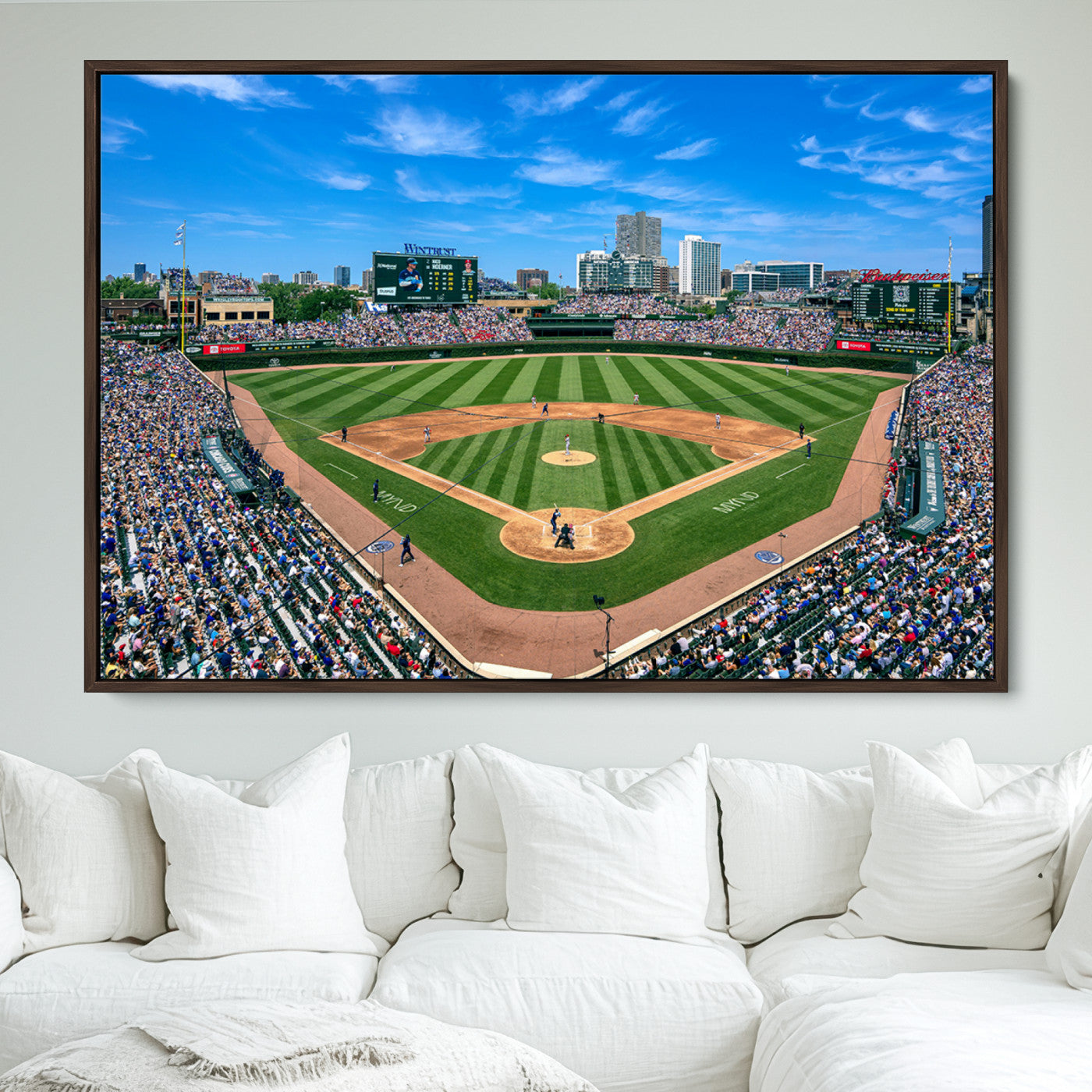 26064-MGV-FC-30X20_Walnut-Framed Wrigley Field Chicago Cubs Print, Panoramic Multi Piece Canvas Wall Art - Iconic Baseball Stadium Print for Sports Lovers - Ready to