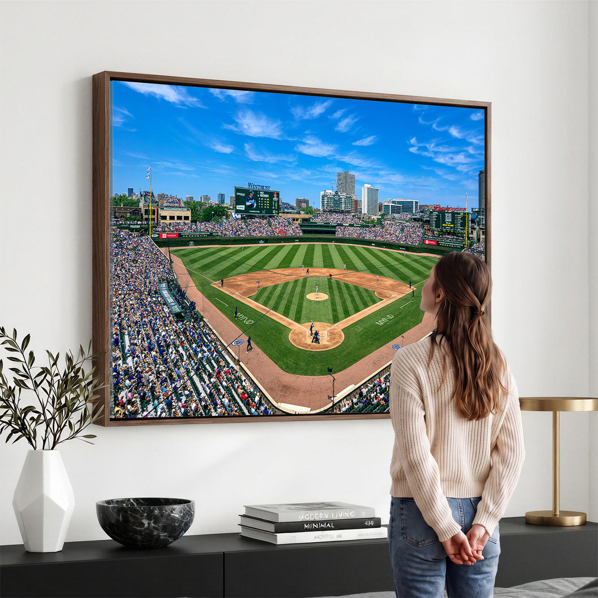 26064-MGV-CV-36X24 - Wrigley Field Chicago Cubs Wall Art Canvas Print Framed Panoramic Multi-Piece Iconic Baseball Stadium Artwork for Home, Office