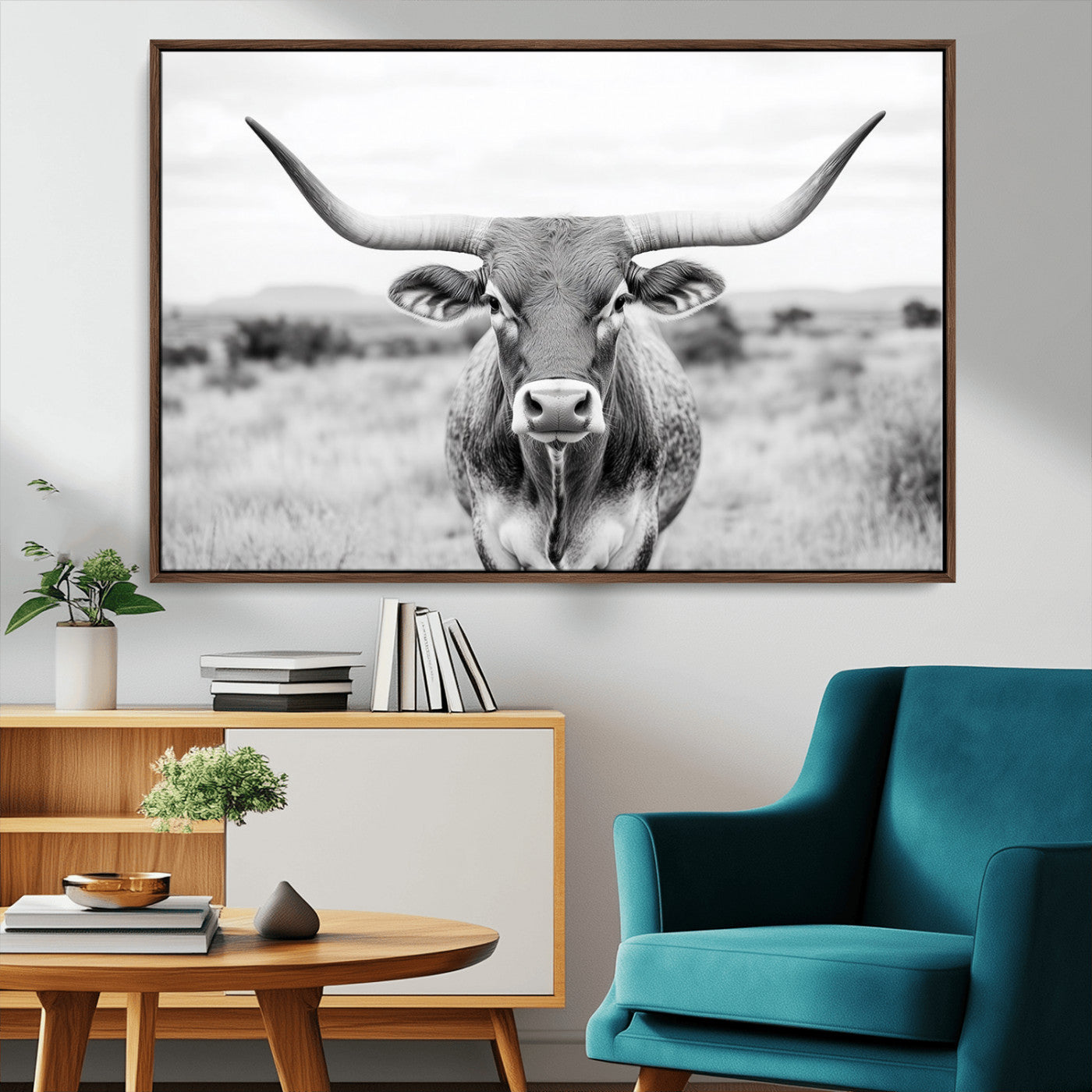 MGV-FC-36X24 - Highland Cow Wall Art Print - Black and White Texas Western Longhorn Canvas - Farmhouse Decor Print