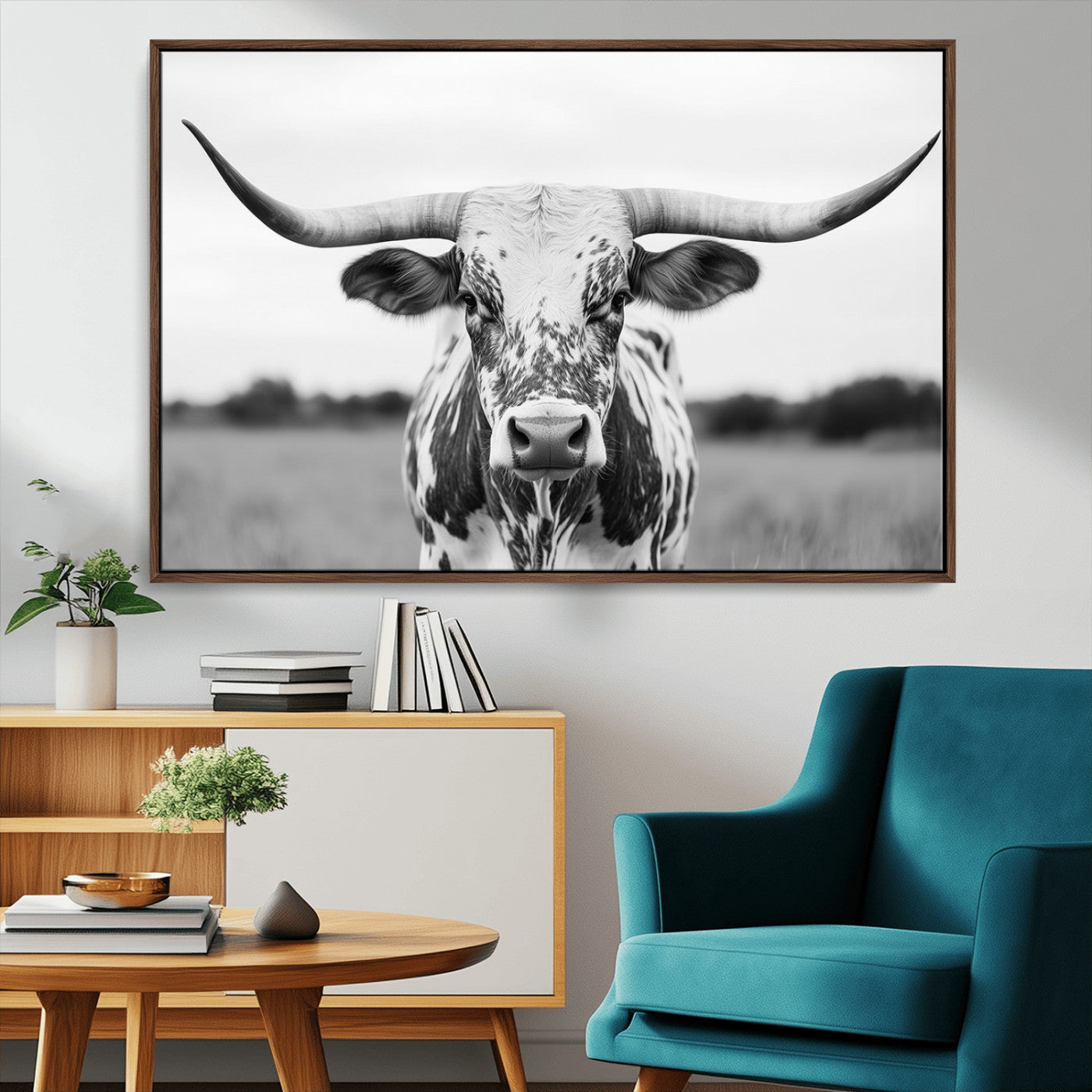 MGV-FC-36X24 - Highland Cow Wall Art - Black and White Western Longhorn Canvas Print - Farmhouse Living Room Decor