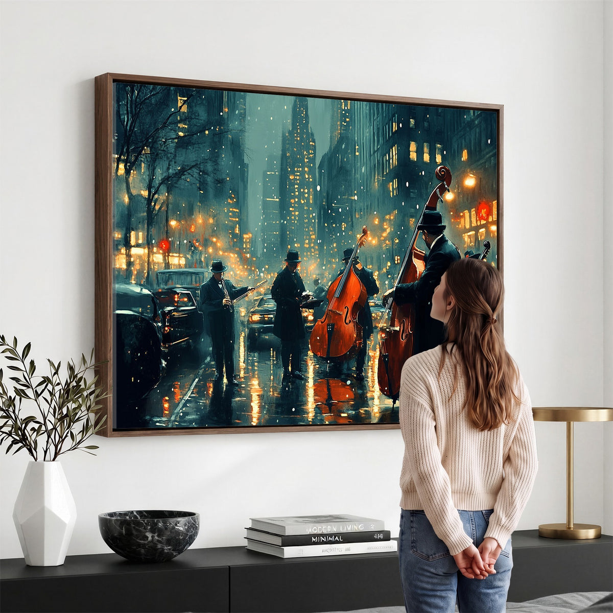53391-MGV-CV-24X16 - Urban Night Jazz Wall Art Canvas Print | Moody Rain Soaked City Street Band Scene