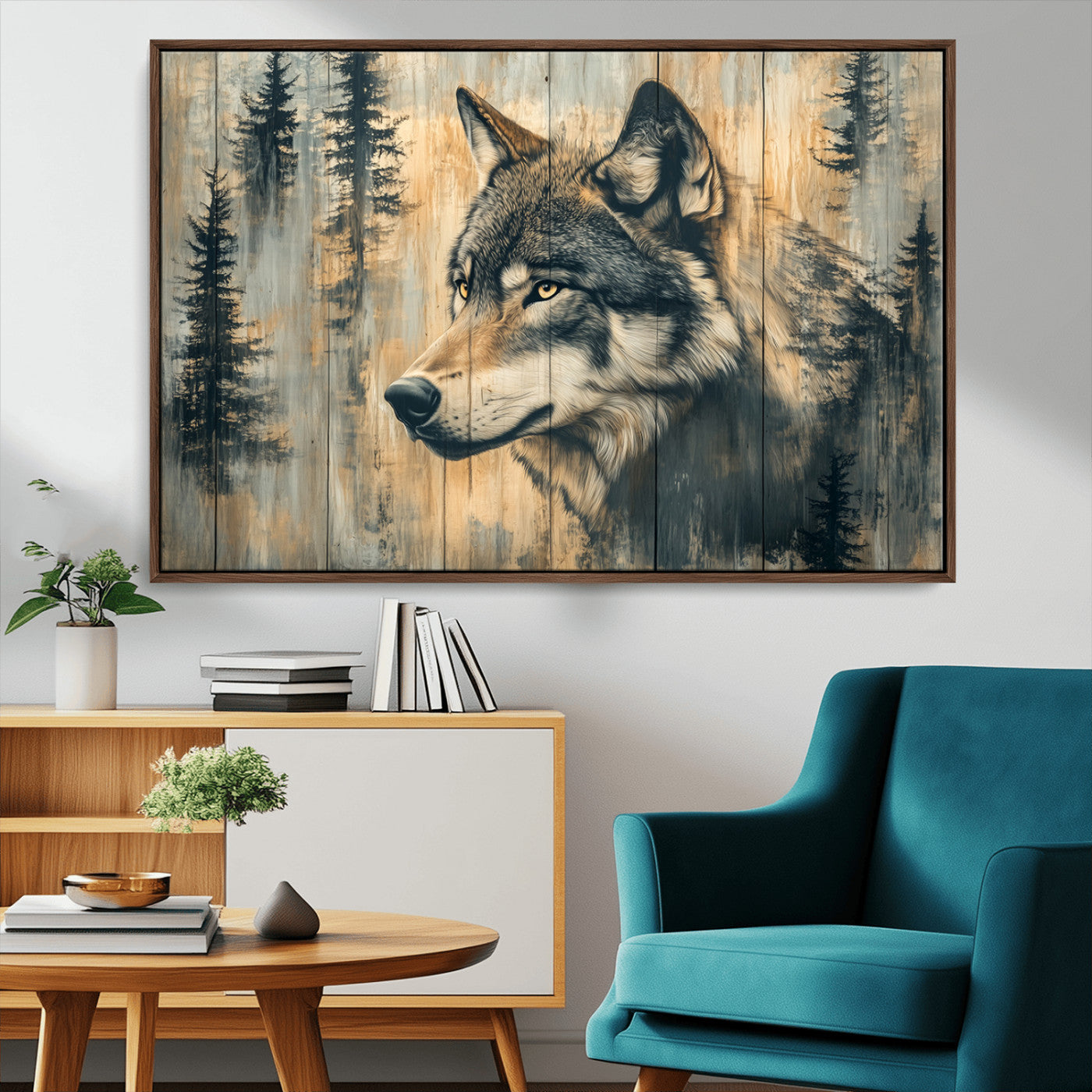 MGV-FC-36X24 - Wood Style Rustic Wolf Wall Art Canvas Print, Vintage Woodland Wolf Wall Art, Framed Wood Style Wolf