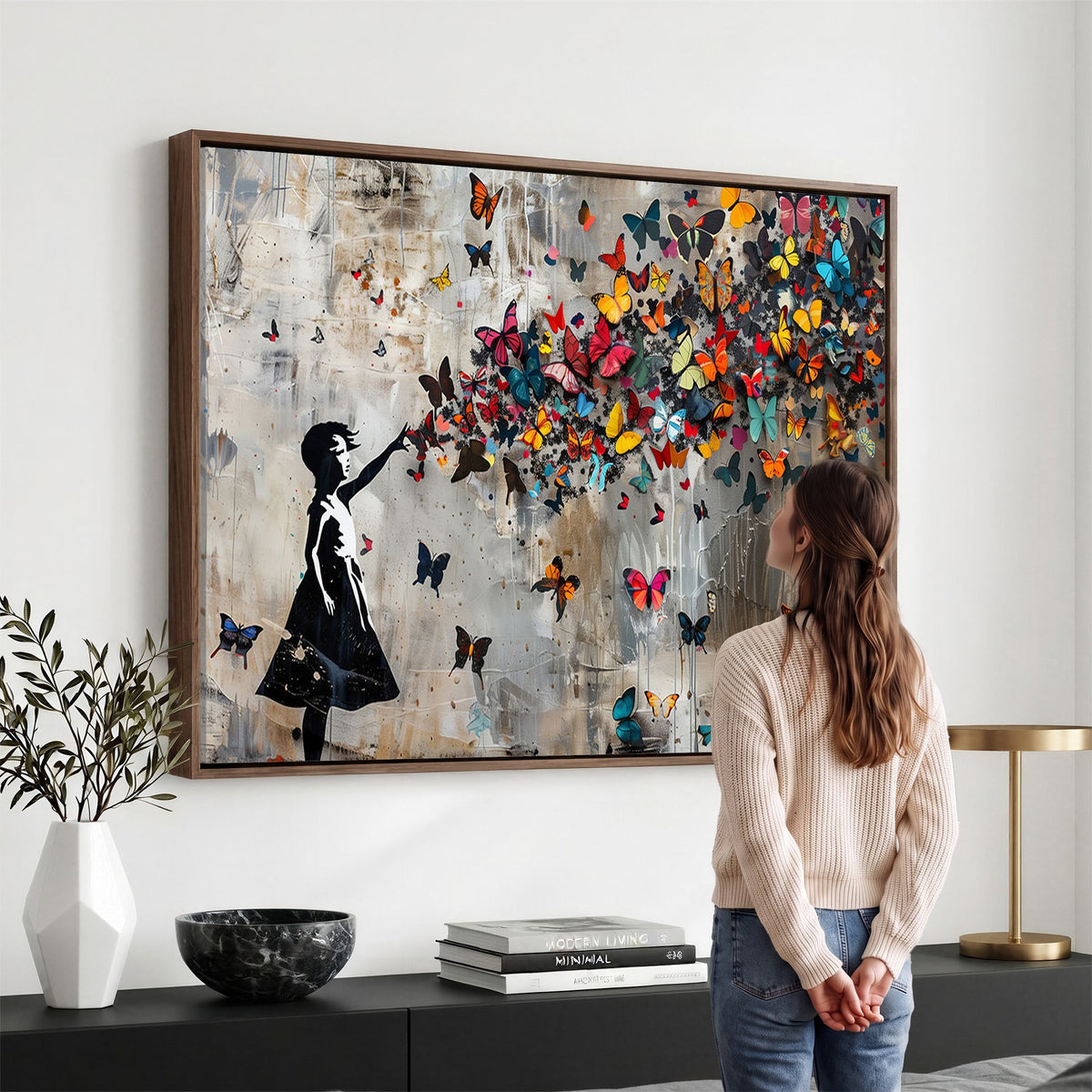 51446D-MGV-CV-24X16 - Banksy Butterfly Girl Wall Art | Modern Graffiti Canvas Print, Street Art Decor