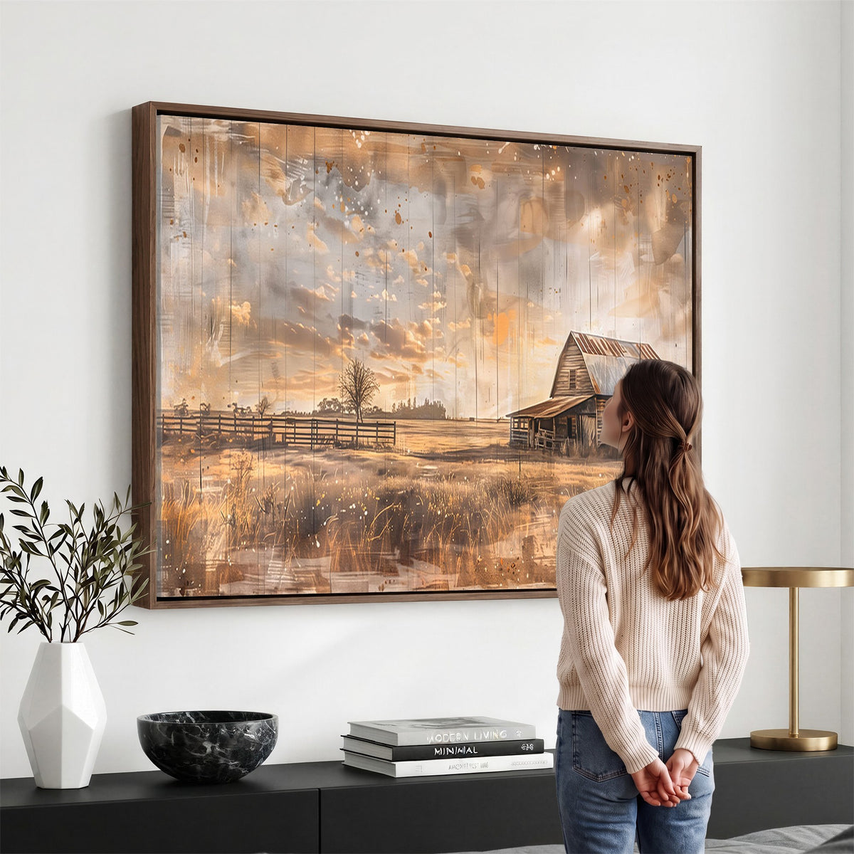 FARM2-MGV-CV-24X16 - Rustic Farmhouse Wall Art Canvas Print | Barn and Field Vintage Country Landscape