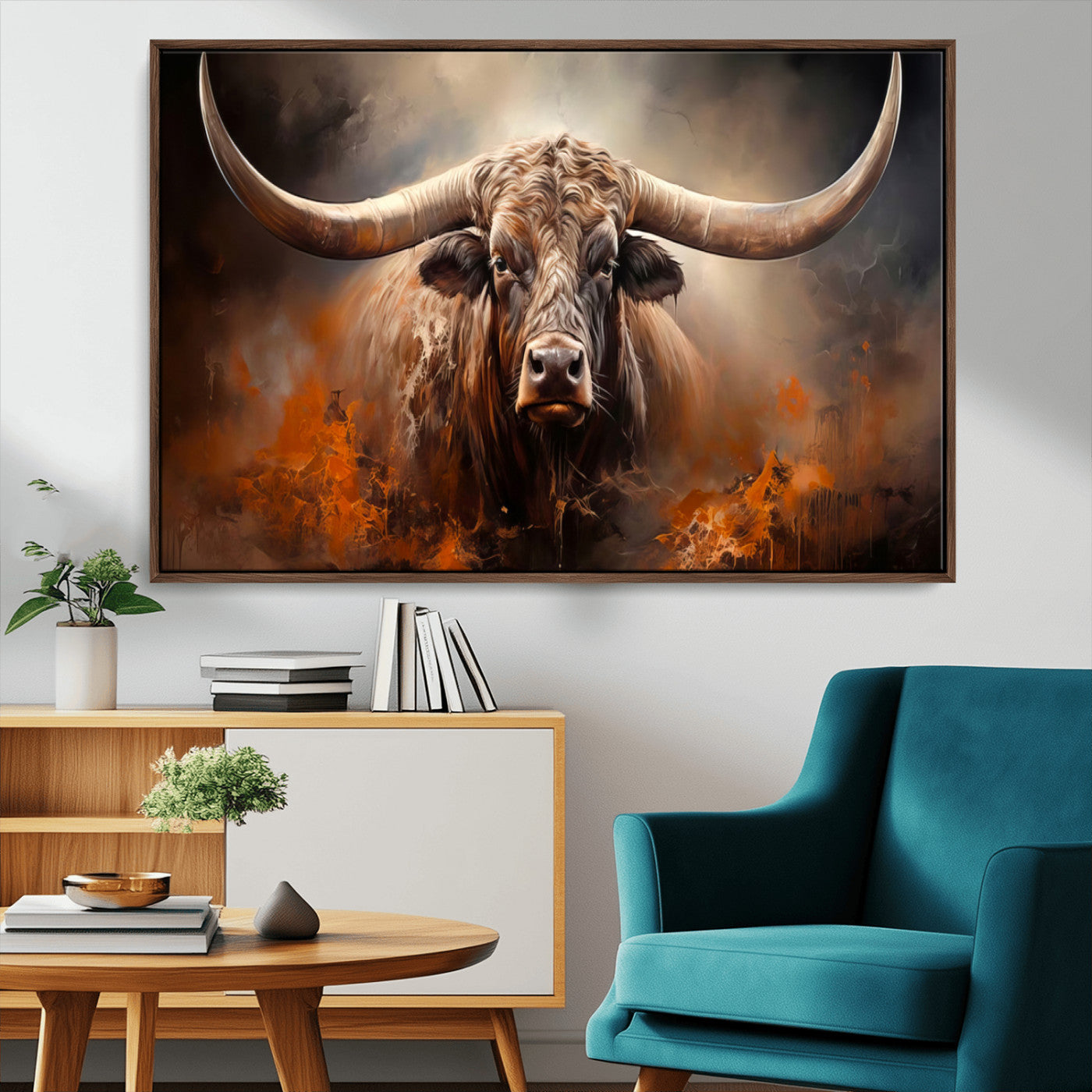 MGV-FC-36X24 - Highland Bull Canvas Abstract Canvas Wall Art Print – Powerful Highland Bull with Striking Horns in