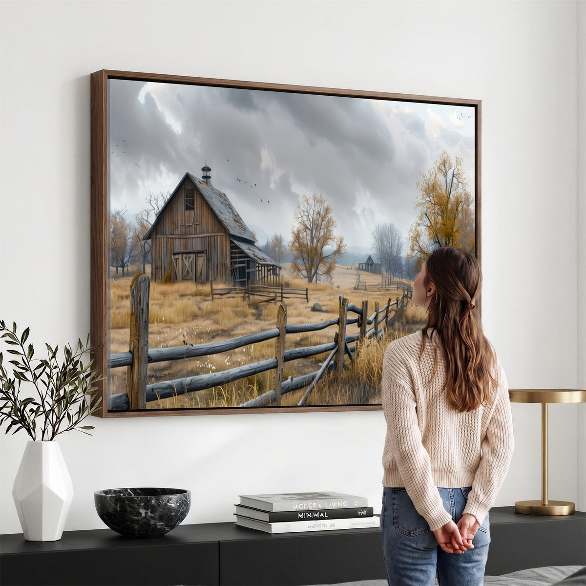 Farm1-MGV-CV-24X16 - Rustic Autumn Farmhouse Wall Art Canvas Print | Serene Countryside with Weathered Barn