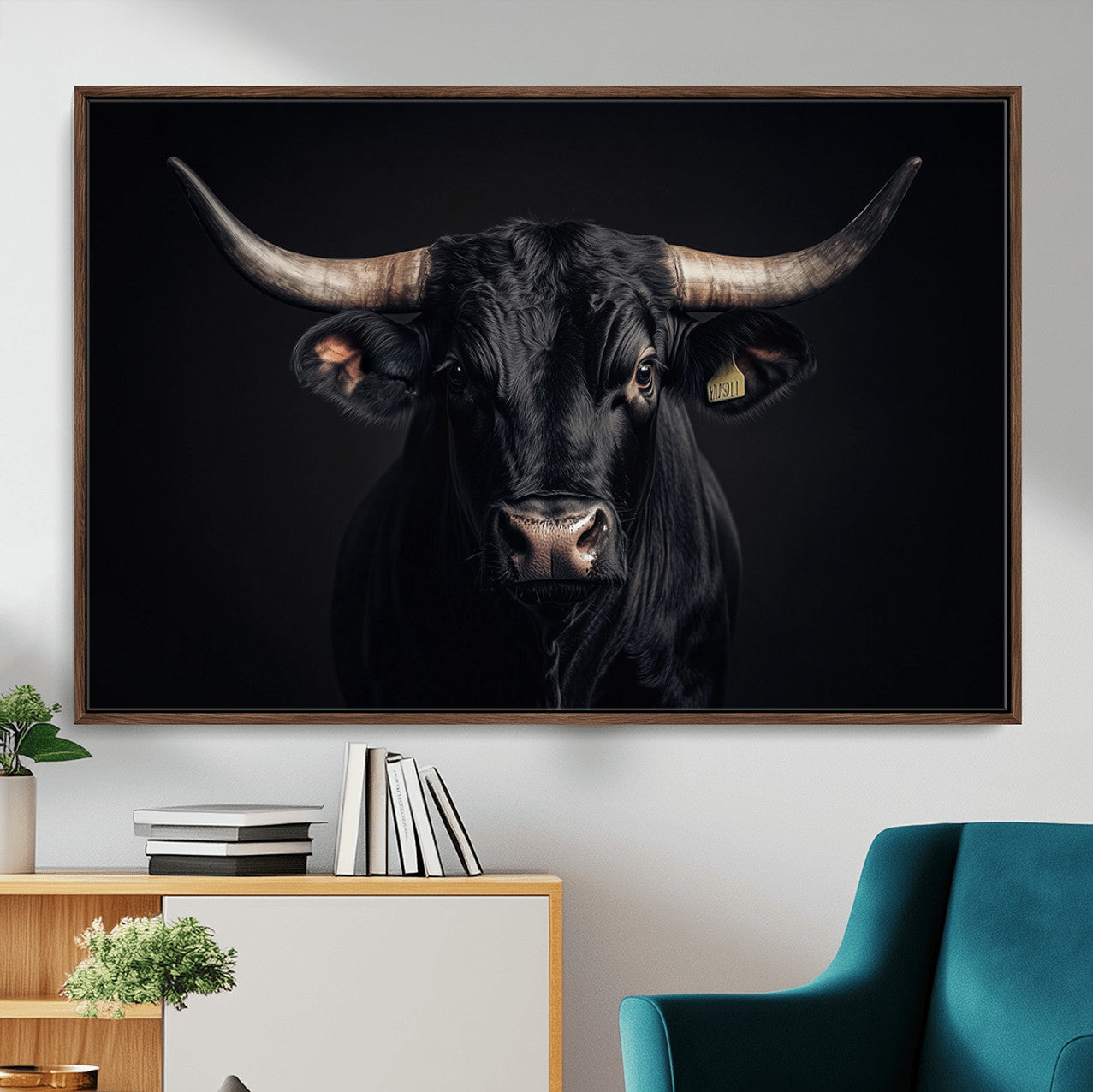19671921-MGV-CV-36X24-Black Bull Wall Art – Framed Horned Bull Canvas Artwork, Western Cattle Design, Rustic Ranch Style Decor for Home, Office