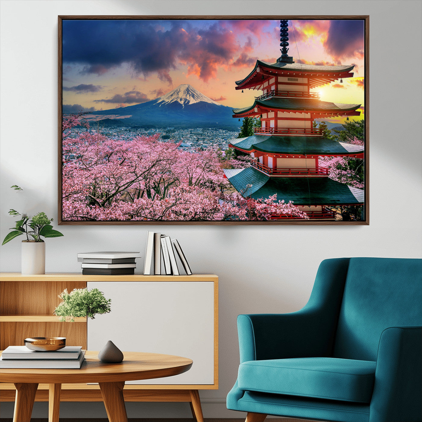 MGV-FC-36X24 - Mount Fuji & Cherry Blossom Wall Art Canvas Print – Iconic Japanese Landscape, Sakura Pagoda Sunset,