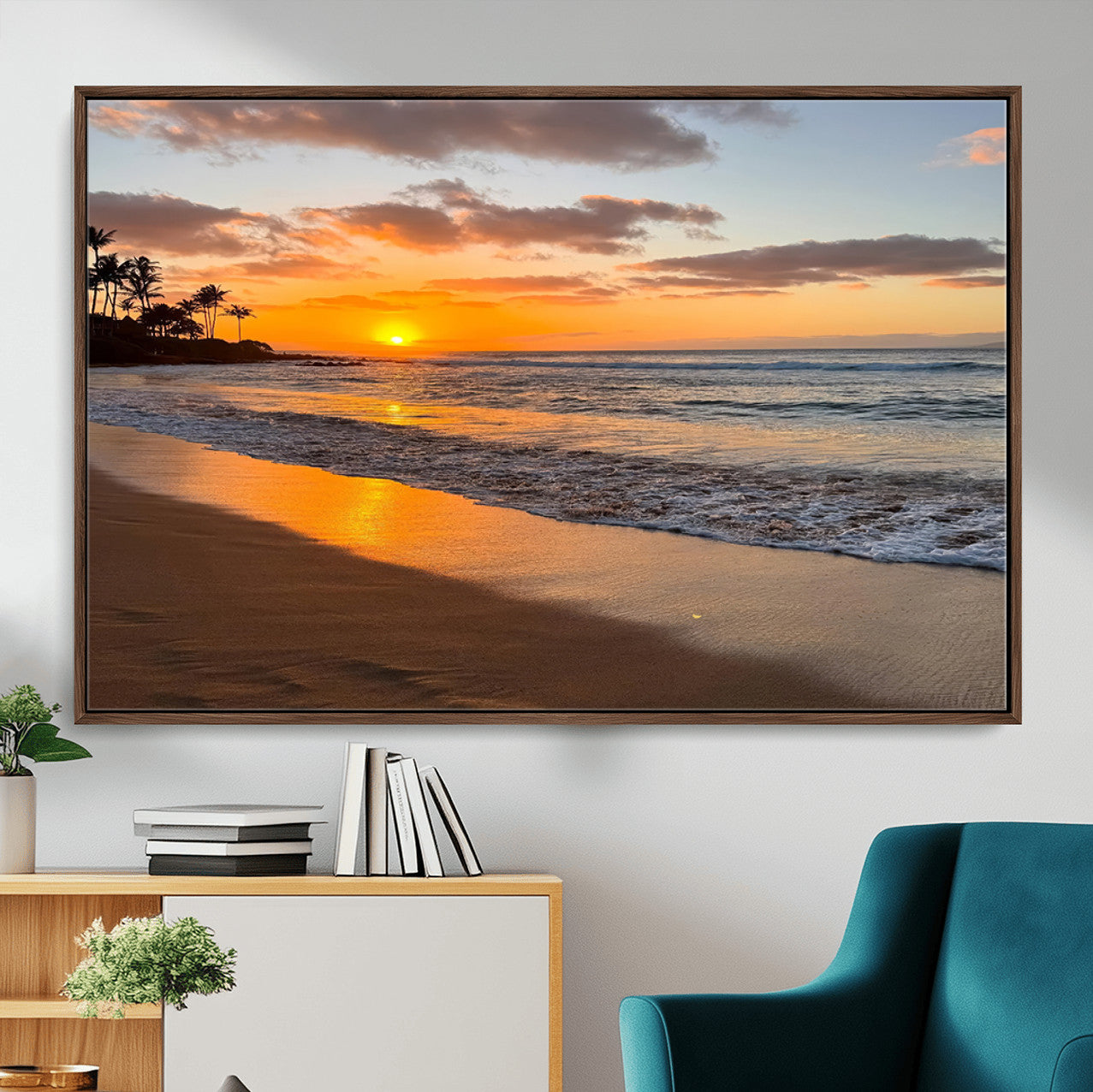 64381660-MGV-CV-36X24-Tropical Beach Wall Art – Framed Sunset Ocean Canvas Artwork, Golden Shore Design, Modern Coastal Decor for Home, Office