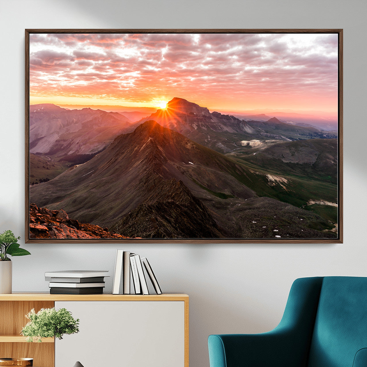 50957419-MGV-CV-36X24-Mountain Sunrise Wall Art – Framed Alpine Ridge Canvas Artwork, Golden Peak Design, Scenic Nature Decor for Home, Office
