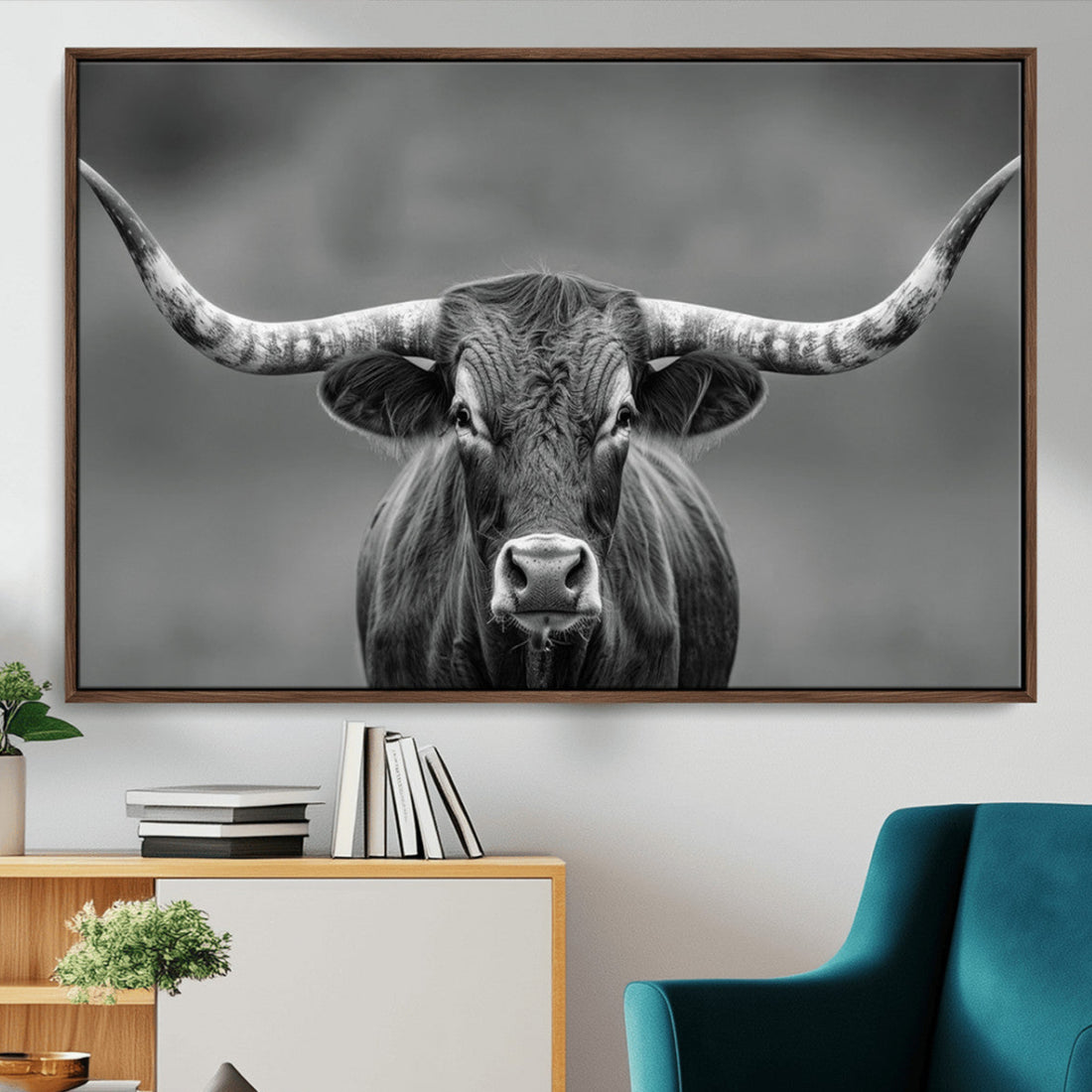 Texas Longhorn Wall Art Canvas Print, Framed Western Bull Photography, Rustic Log Cabin Decor