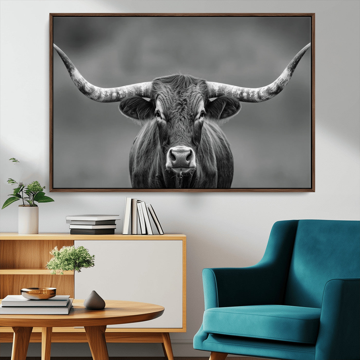 MGV-FC-36X24 - Framed Texas Longhorn Bull Art Canvas Print, Western Bull Wall Art Print, Long Horn Bull Photo Print