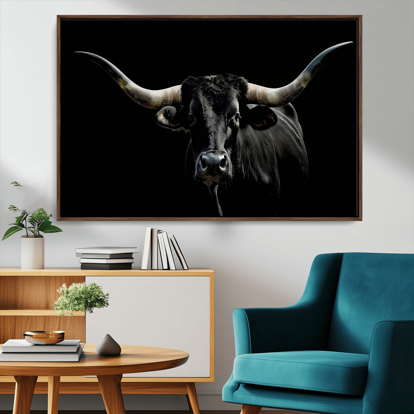 MGV-FC-36X24 - Texas Black Bull Wall Art Print, Longhorn Bull Canvas Wall Art