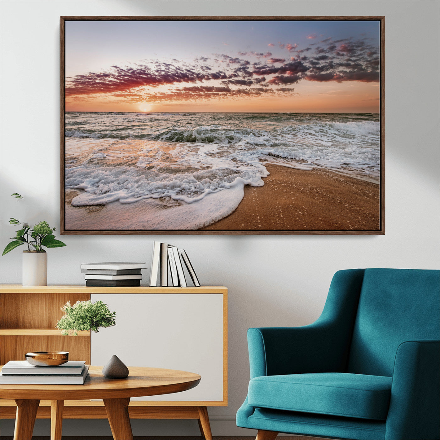 MGV-FC-36X24 - Ocean Sunset Wall Art Canvas Print, Framed Sandy Shore Art Picture Print, Gentle Waves Perfect Minimalist Coastal Decor Artwork