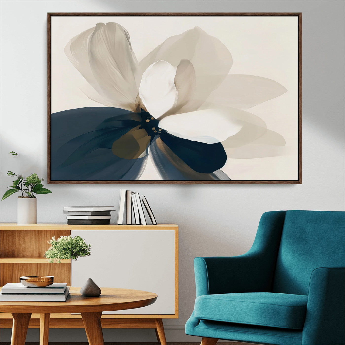 MGV-FC-36X24 - Minimal Flower Wall Art Canvas Print, Framed Flower Drawing Art Picture Print, Beige Bloom Perfect Modern Botanical Decor Artwork