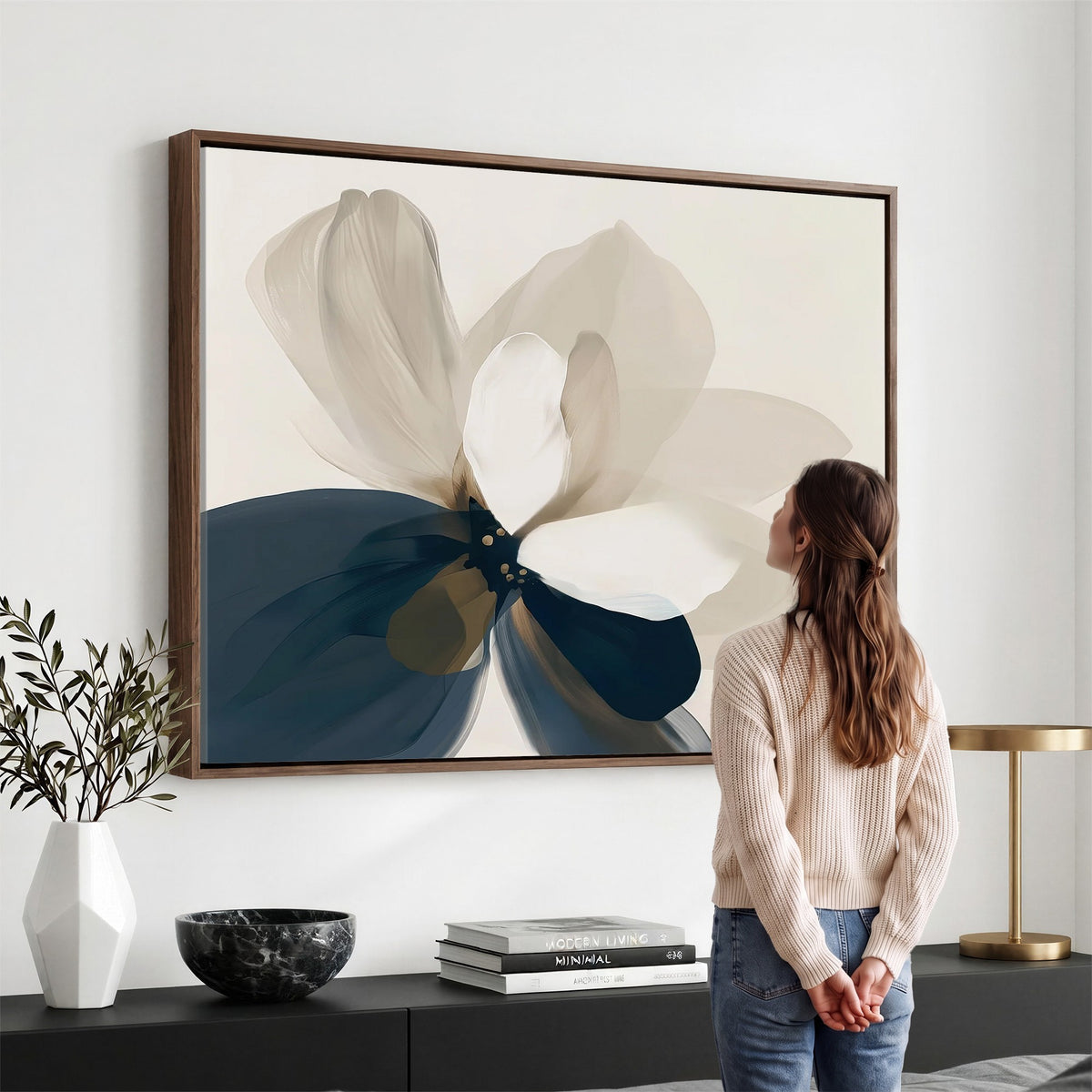 42188901-MGV-CV-24X16 - Minimal Flower Wall Art Canvas Print | Framed Beige and Navy Bloom