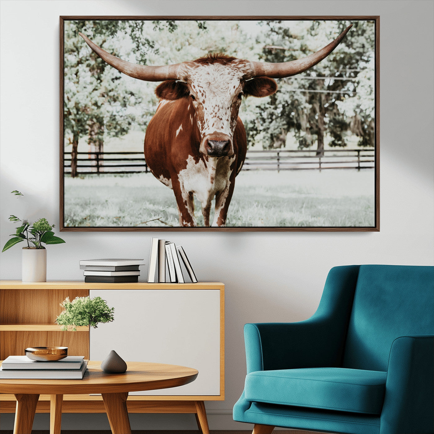 MGV-FC-36X24 - Texas Longhorn Wall Art Canvas Print, Framed Spotted Cow Art Picture Print, Horned Cattle Perfect Rustic Western Decor Artwork
