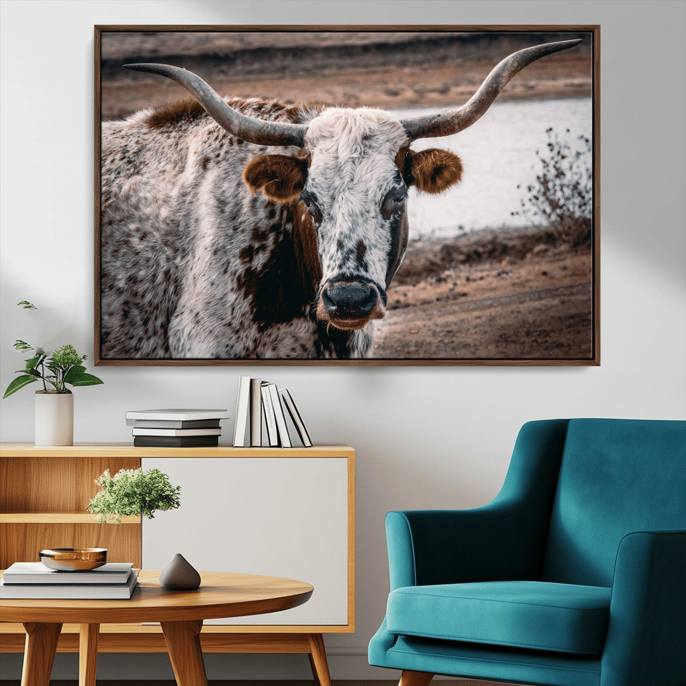MGV-FC-36X24 - Texas Longhorn Wall Art Canvas Print, Framed Spotted Cow Art Picture Print, Horned Cattle Perfect Rustic Western Decor Artwork