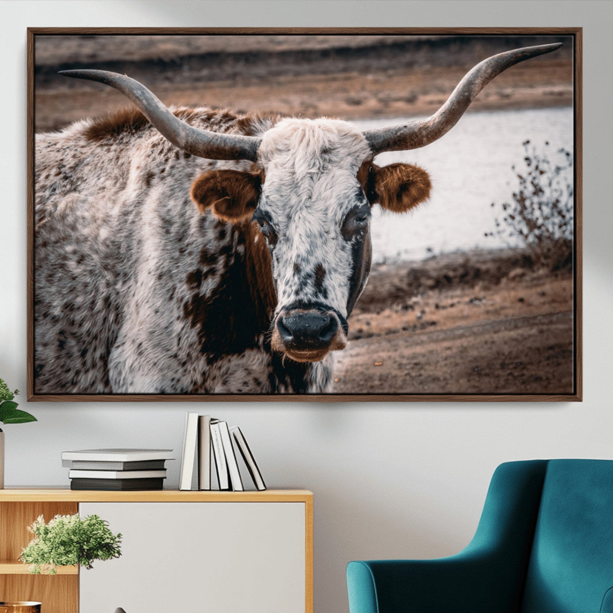-Texas Longhorn Wall Art Canvas Print, Framed Spotted Cow Art Picture Print, Horned Cattle Perfect Rustic Western Decor Artwork