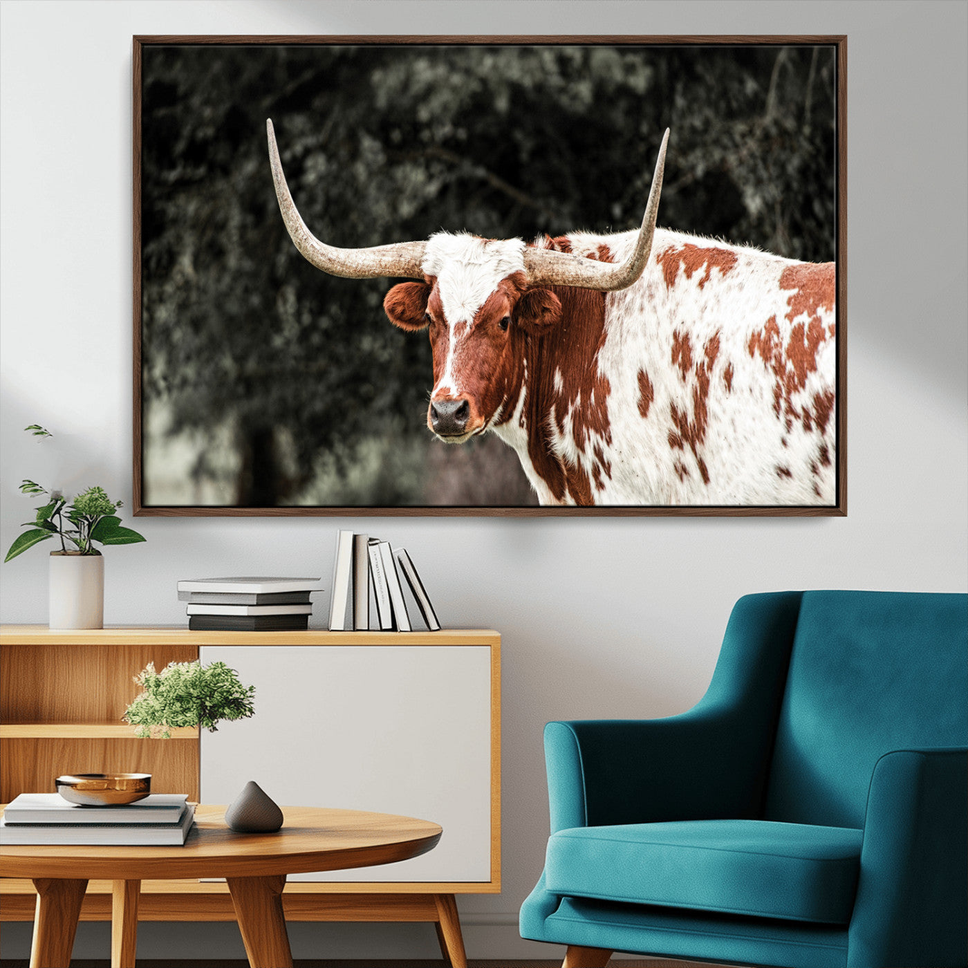 MGV-FC-36X24 - Texas Longhorn Wall Art Canvas Print, Framed Spotted Cow Art Picture Print, Horned Bull Perfect Rustic Western Decor Artwork