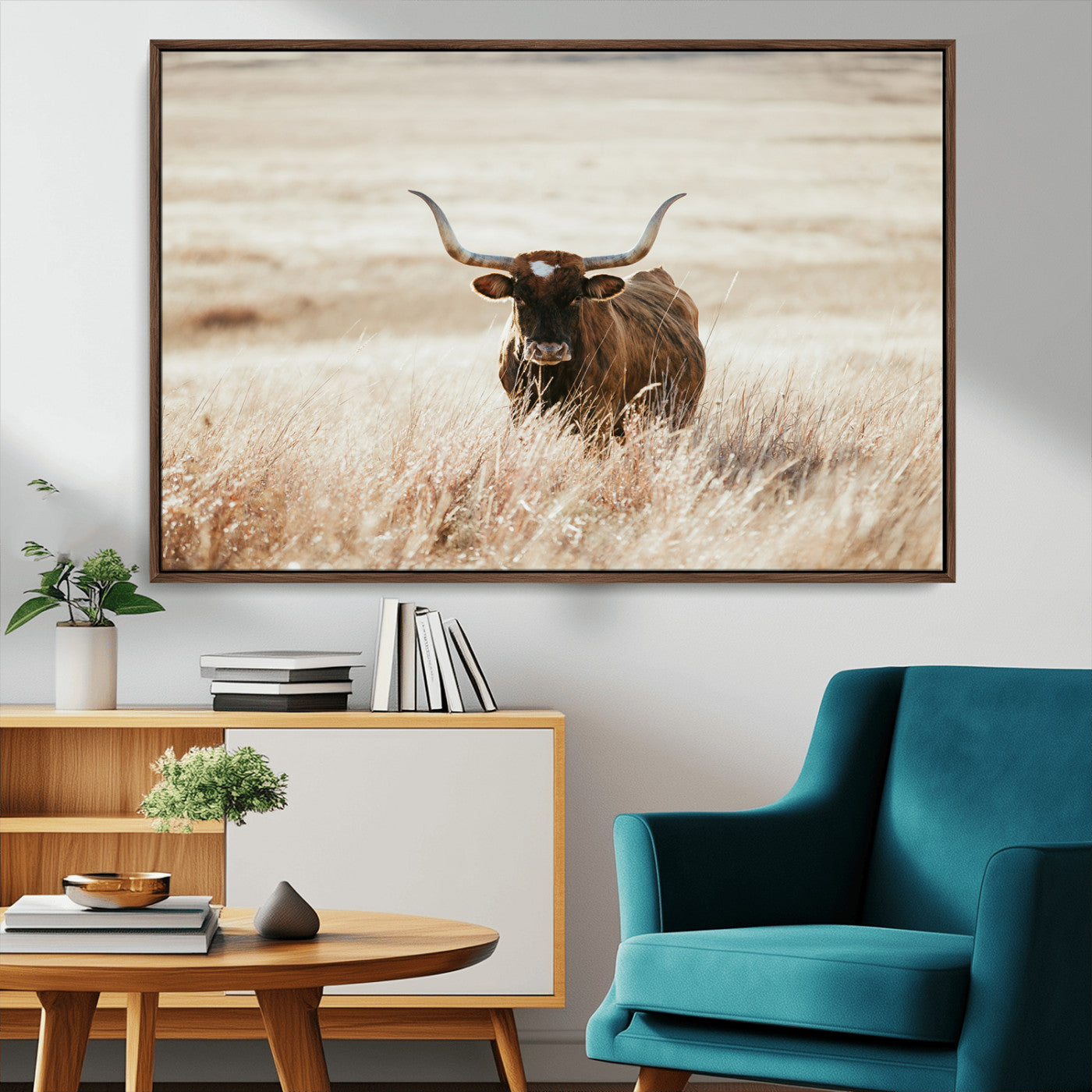 MGV-FC-36X24 - Texas Longhorn Wall Art Canvas Print, Framed Brown Cattle Art Picture Print, Horned Bull Perfect Rustic Western Decor Artwork