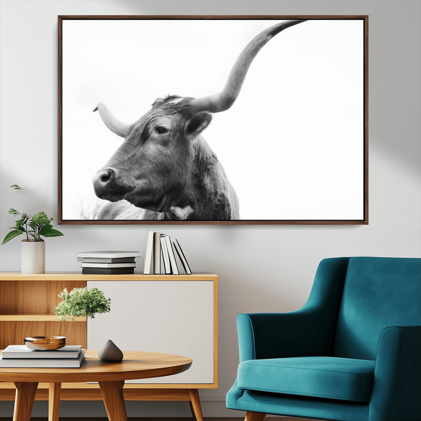 MGV-FC-36X24 - Longhorn Wall Art Wall Art Canvas Print, Framed Modern Ranch Style Art Art Picture Print, Monochrome Cow Print Perfect Rustic Western Decor Artwork