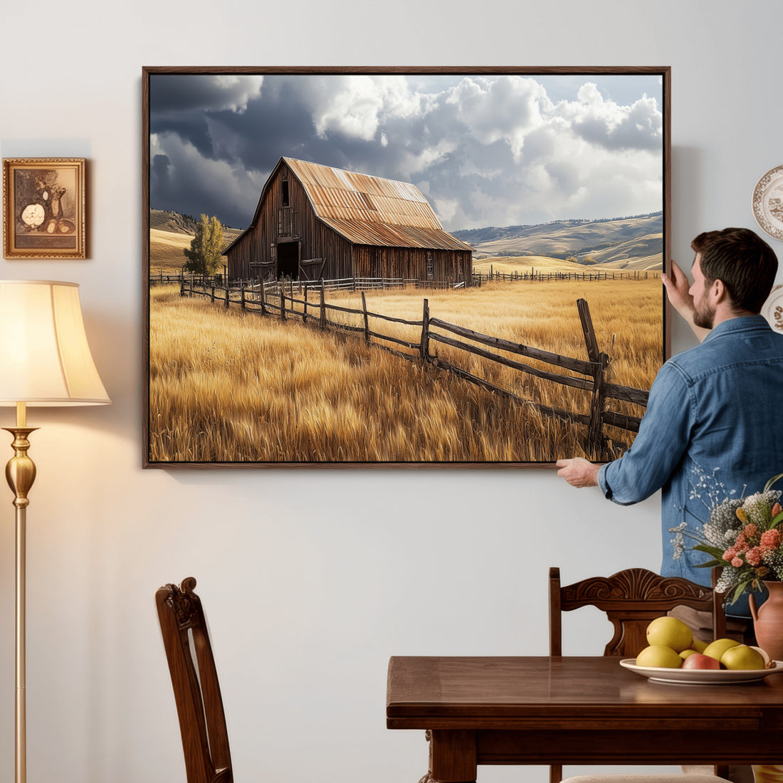 Rustic Barn Wall Art Canvas Print, Framed Moody Barn Golden Field Farmhouse Art