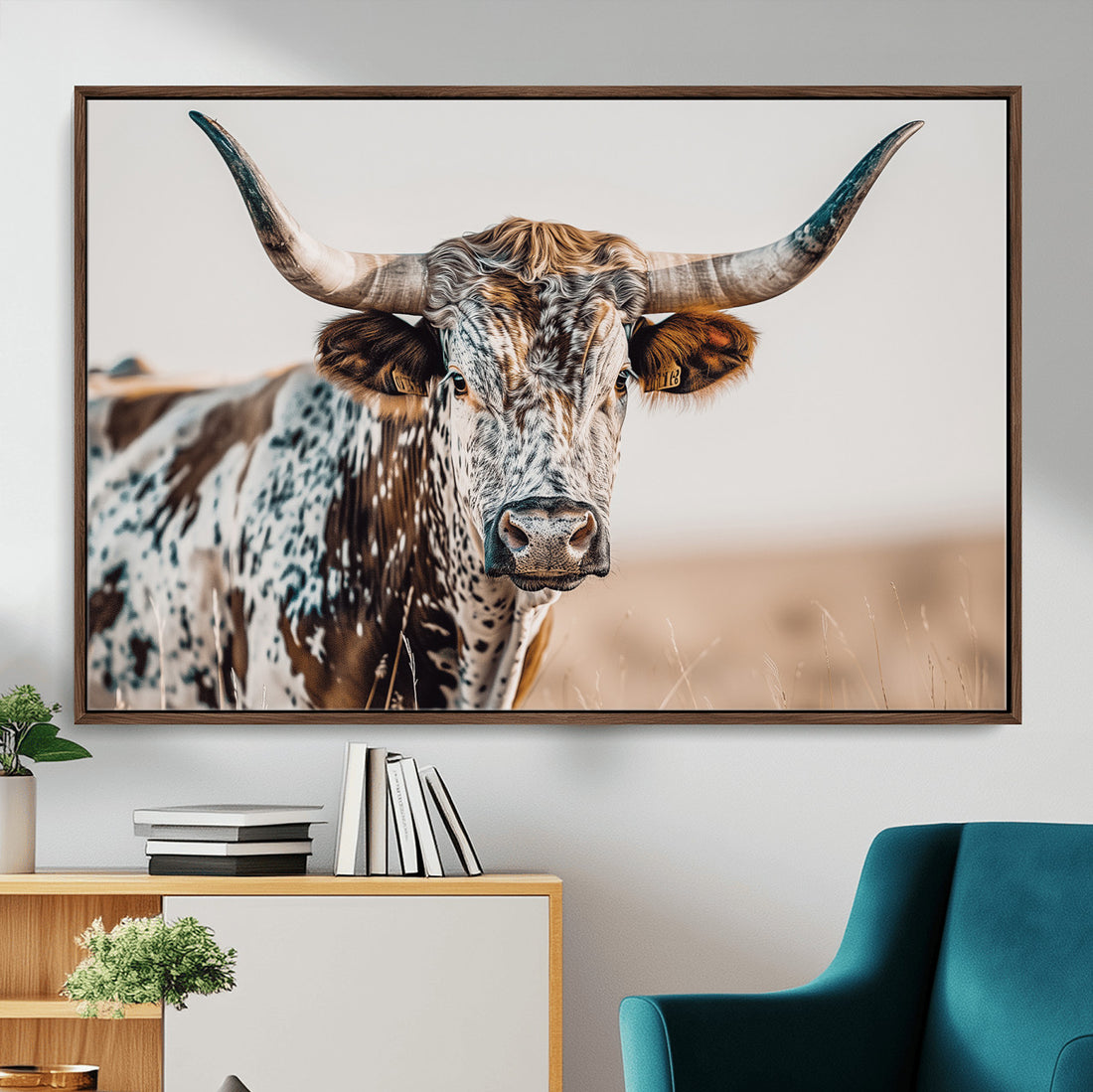 Texas Longhorn Wall Art | Framed Speckled Cow Canvas