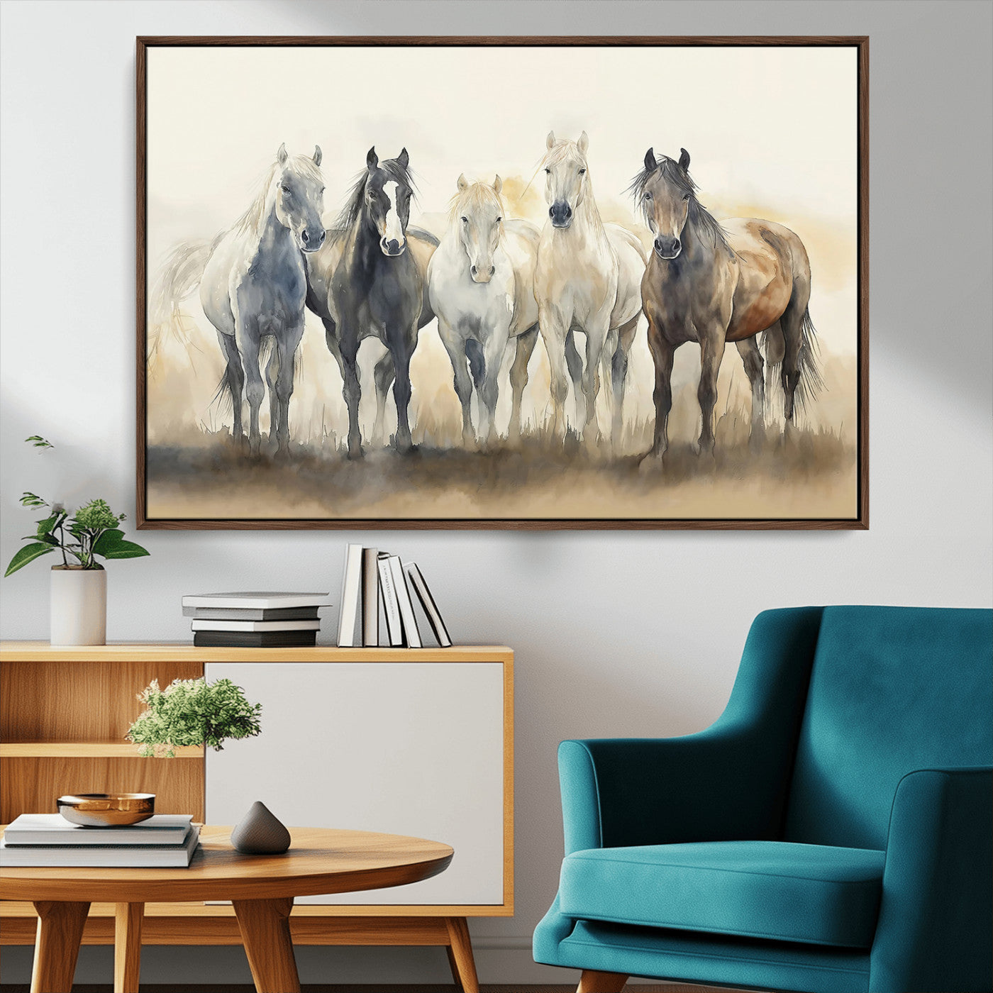 MGV-FC-36X24 - Wild Horses Wall Art Canvas Print, Framed Running Horses Art Picture Print, Watercolor Horses Perfect Rustic Western Decor Artwork