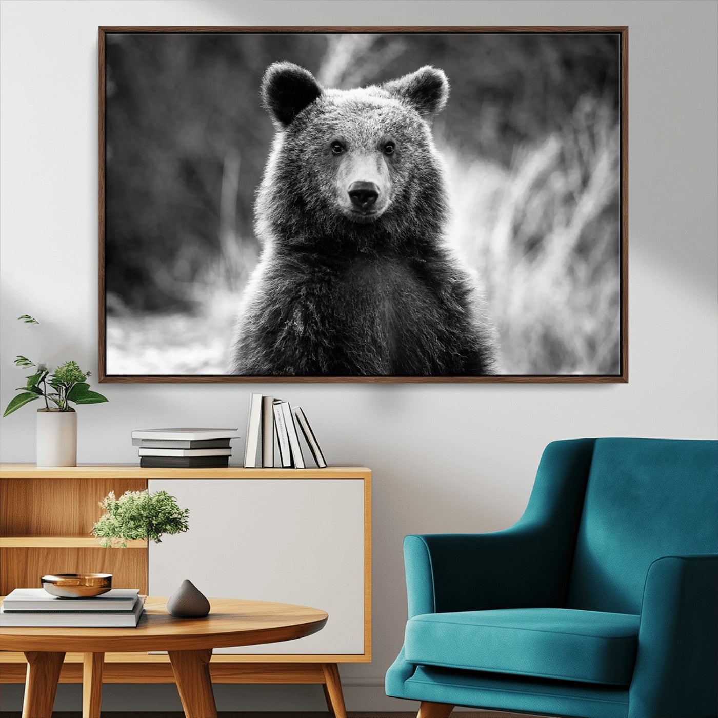 MGV-FC-36X24 - Grizzly Bear Wall Art Canvas Print, Framed Black White Bear Art Picture Print, Wild Bear Perfect Rustic Wildlife Decor Artwork