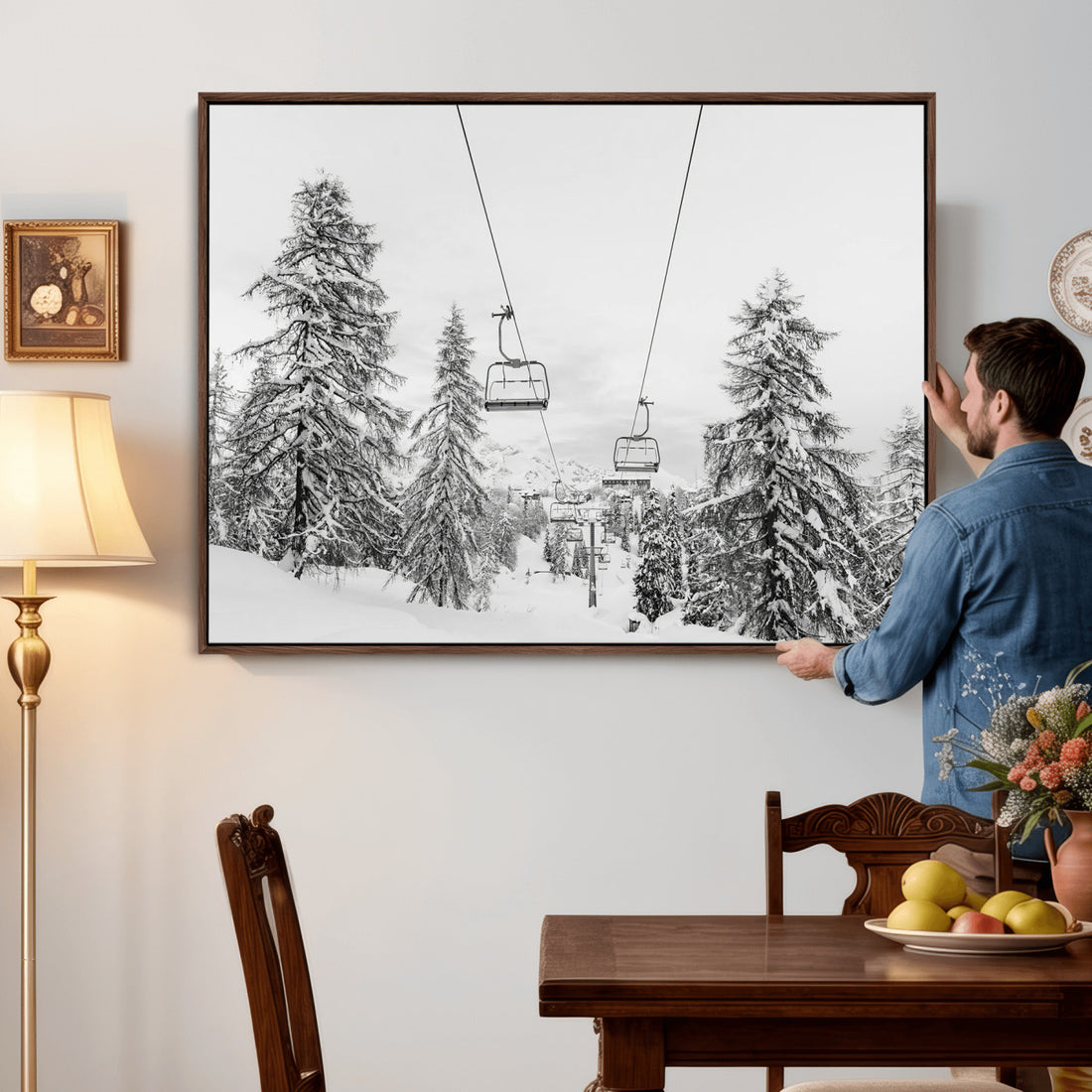 Snowy Ski Lift Wall Art | Framed Winter Forest Canvas