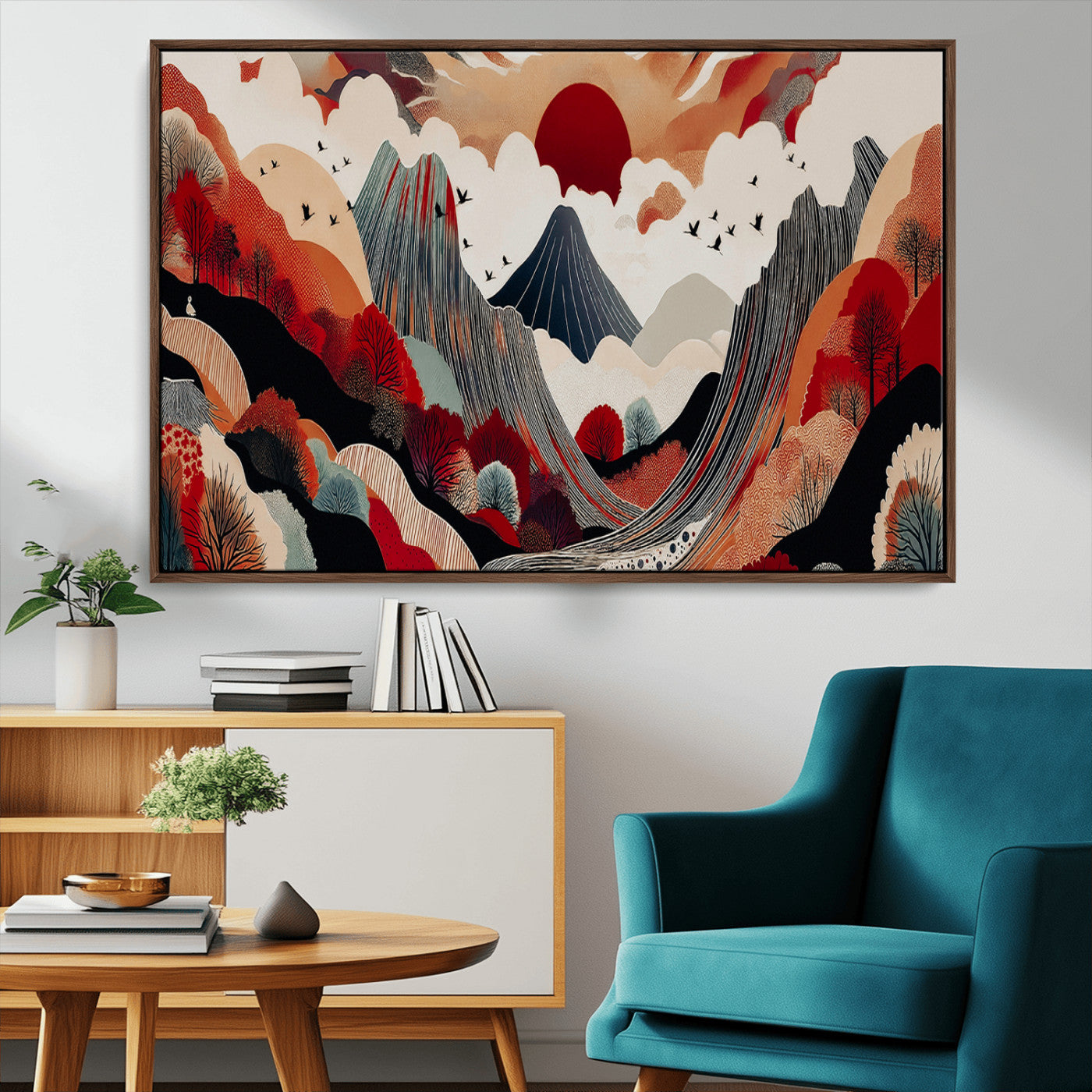 MGV-FC-36X24 - Abstract Mountain Wall Art Canvas Print, Framed Vibrant Landscape Art Picture Print, Stylized Nature Drawing Perfect Contemporary Minimalist Decor Artwork