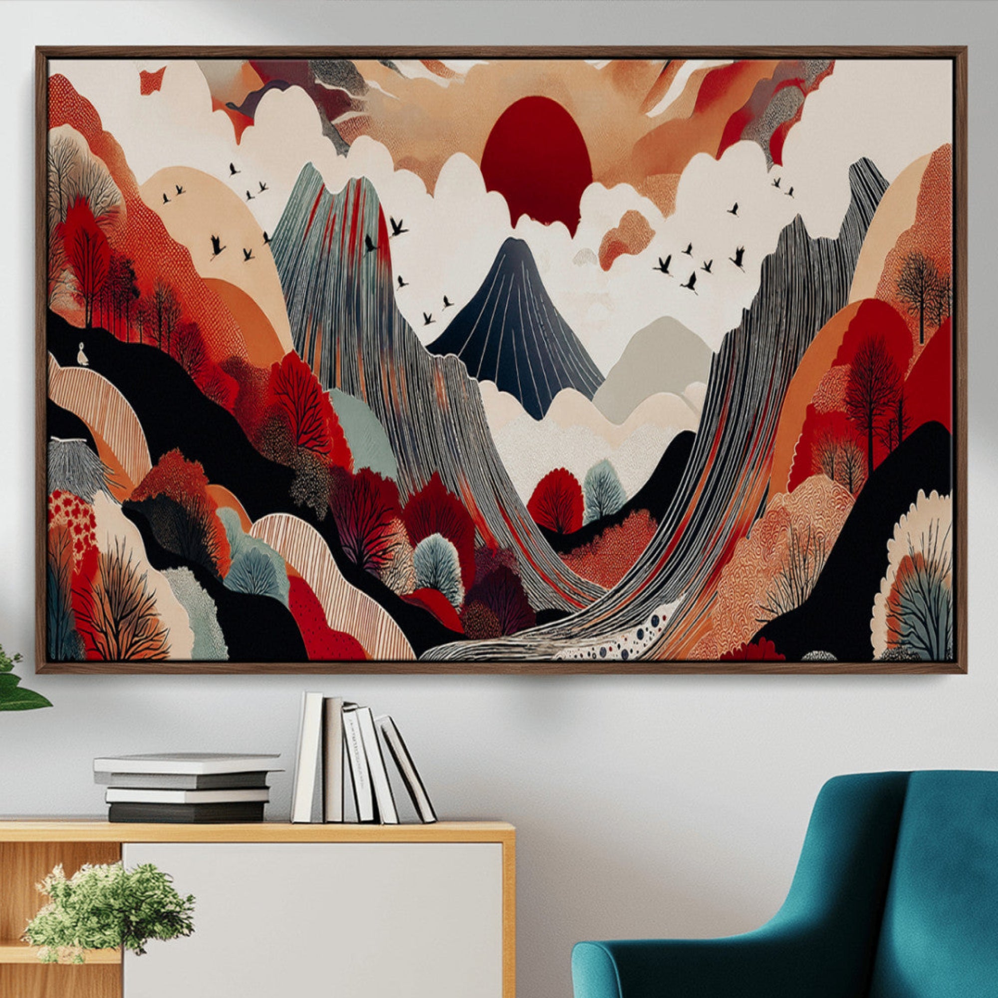 49034575-MGV-CV-36X24-Abstract Mountain Wall Art Canvas Print – Vibrant Stylized Landscape Colorful Peaks Nature Artwork for Home Office