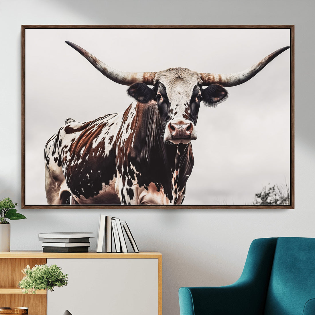 Texas Longhorn Wall Art Canvas Print, Framed Spotted Bull and Horned Cattle