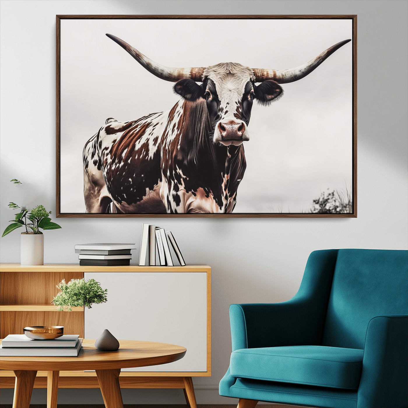 Close-up of a Texas Longhorn bull with powerful horns, perfect for rustic farmhouse or country-themed home decor. Ideal for animal lovers.